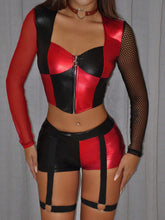 Y2k Black And Red Skinny Fit Red & Black Contrast Fishnet Patchwork Women T-Shirt Halloween